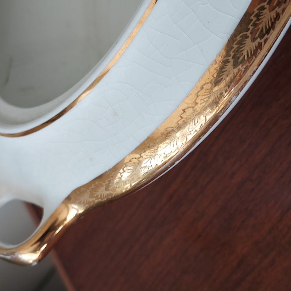 Saxon China 18k gold 6090g covered dish Vintage ivory gold leaf 🌿 trim cira1915 - Picture 11 of 16